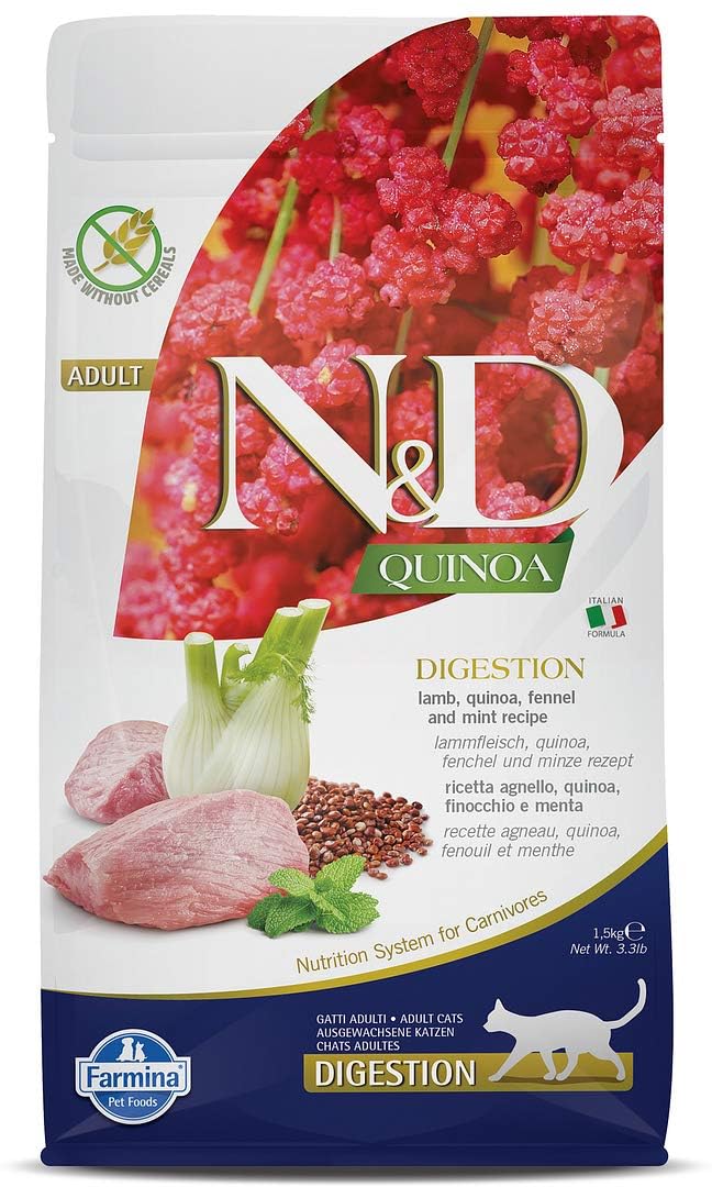 Farmina N&D Lamb Quinoa Fennel Mint cat food bag front highlights premium lamb protein