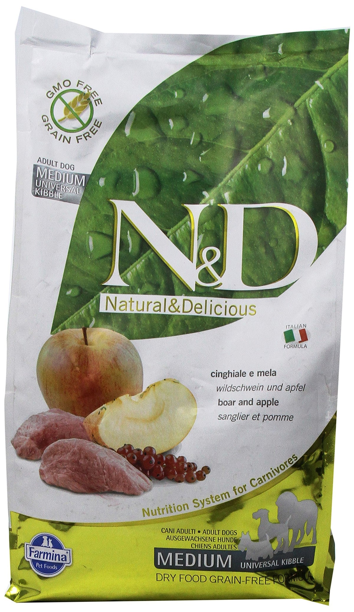 Farmina N&D Wild Boar dry dog food packaging shows grain-free formulation for all life stages