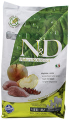 Farmina N&D Wild Boar dry dog food packaging shows grain-free formulation for all life stages