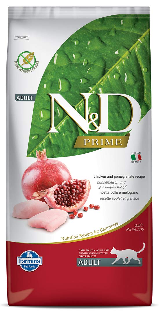 Farmina Natural & Delicious grain-free cat kibble in a bowl highlights high protein.