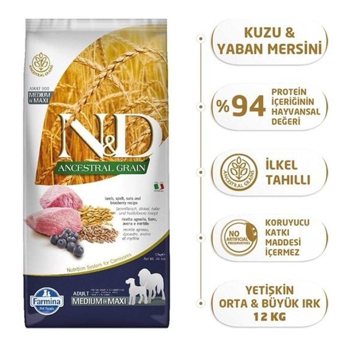 Farmina N&D Ancestral Grain Lamb kibble close-up for canine nutrition.