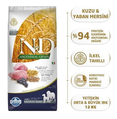 Farmina N&D Ancestral Grain Lamb kibble close-up for canine nutrition.