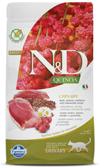 Farmina N D Quinoa Urinary Duck Formula bag closeup shows gluten free grain free cat food