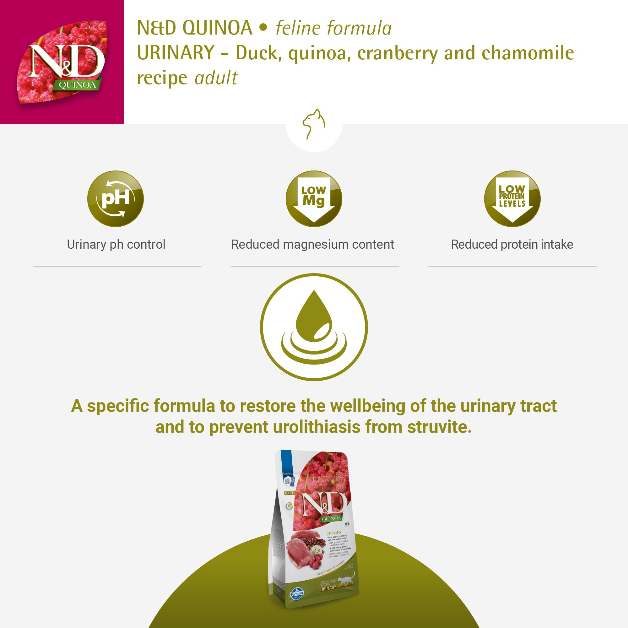 Farmina N D Quinoa Urinary Duck Formula duck protein image communicates flavorful protein rich meal