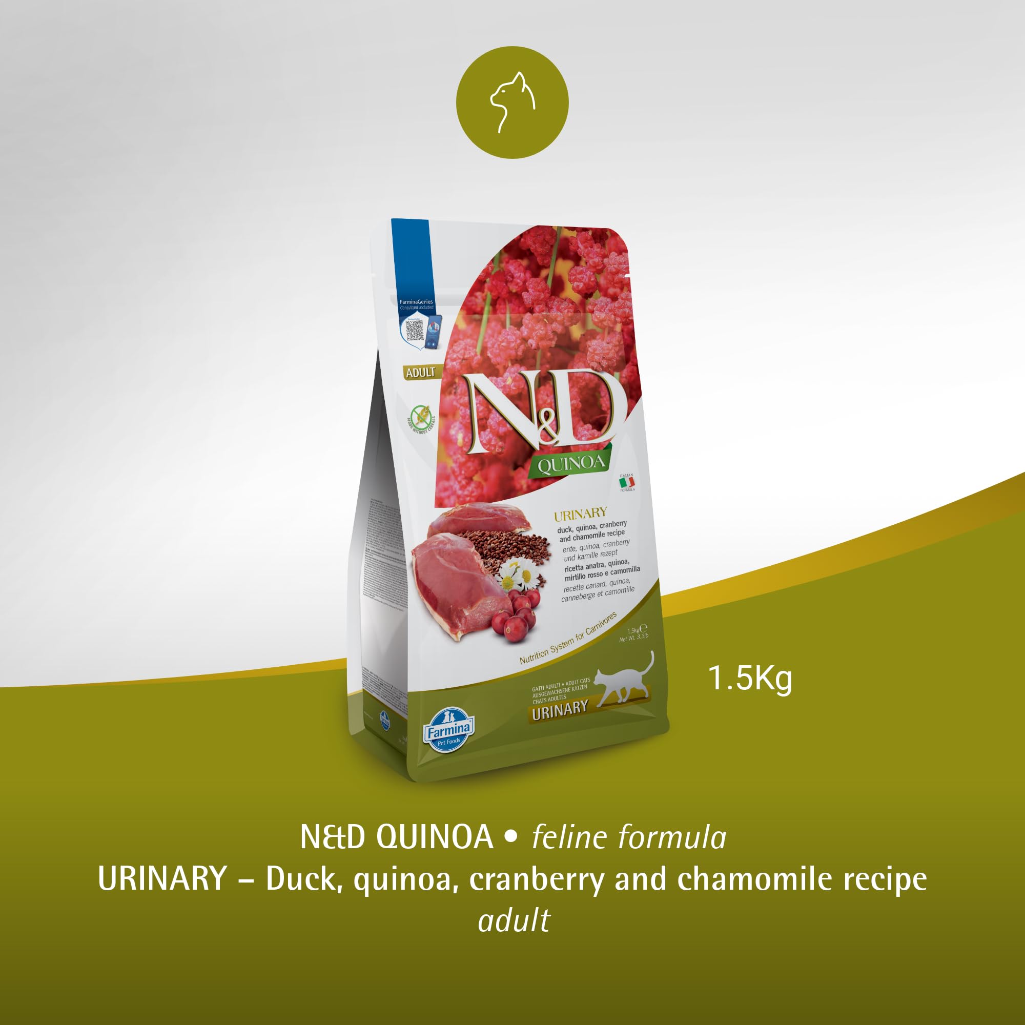 Farmina N D Quinoa Urinary Duck Formula packaging highlights convenient 3.3lb bag