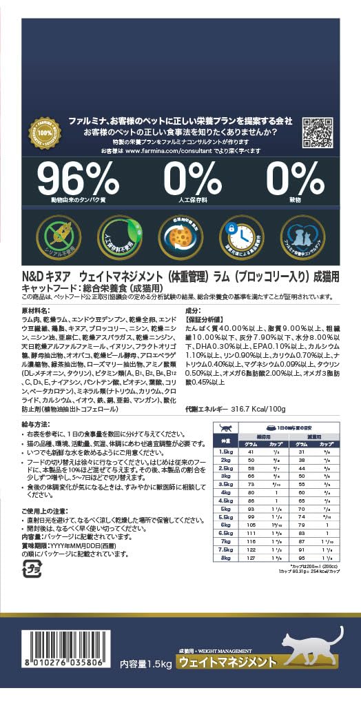 Farmina N&D Quinoa Weight Management broccoli and asparagus ingredients suggest balanced diet.