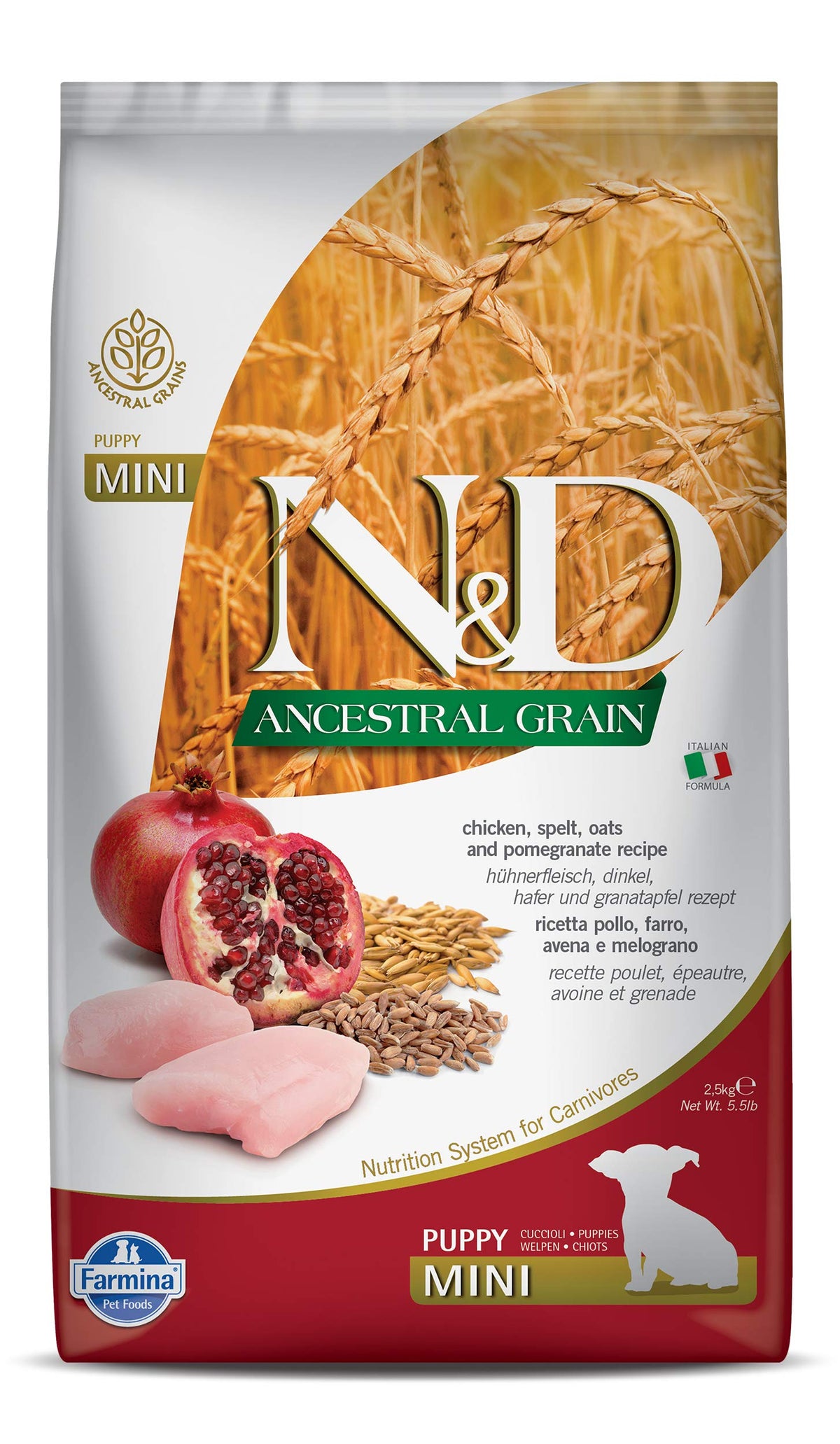 Farmina Pet Foods chicken-pomegranate-adult-mini-bag shows premium ingredients for daily dog nutrition.