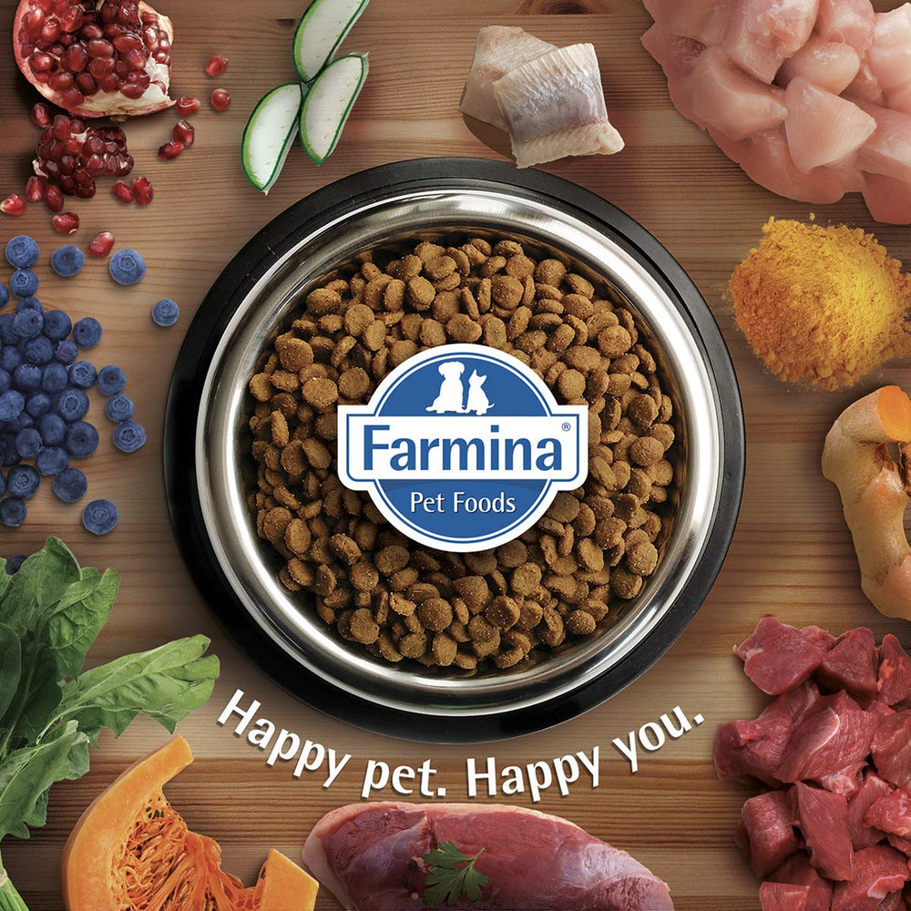 Farmina chicken-pomegranate-glucosamine highlights joint-support ingredients.