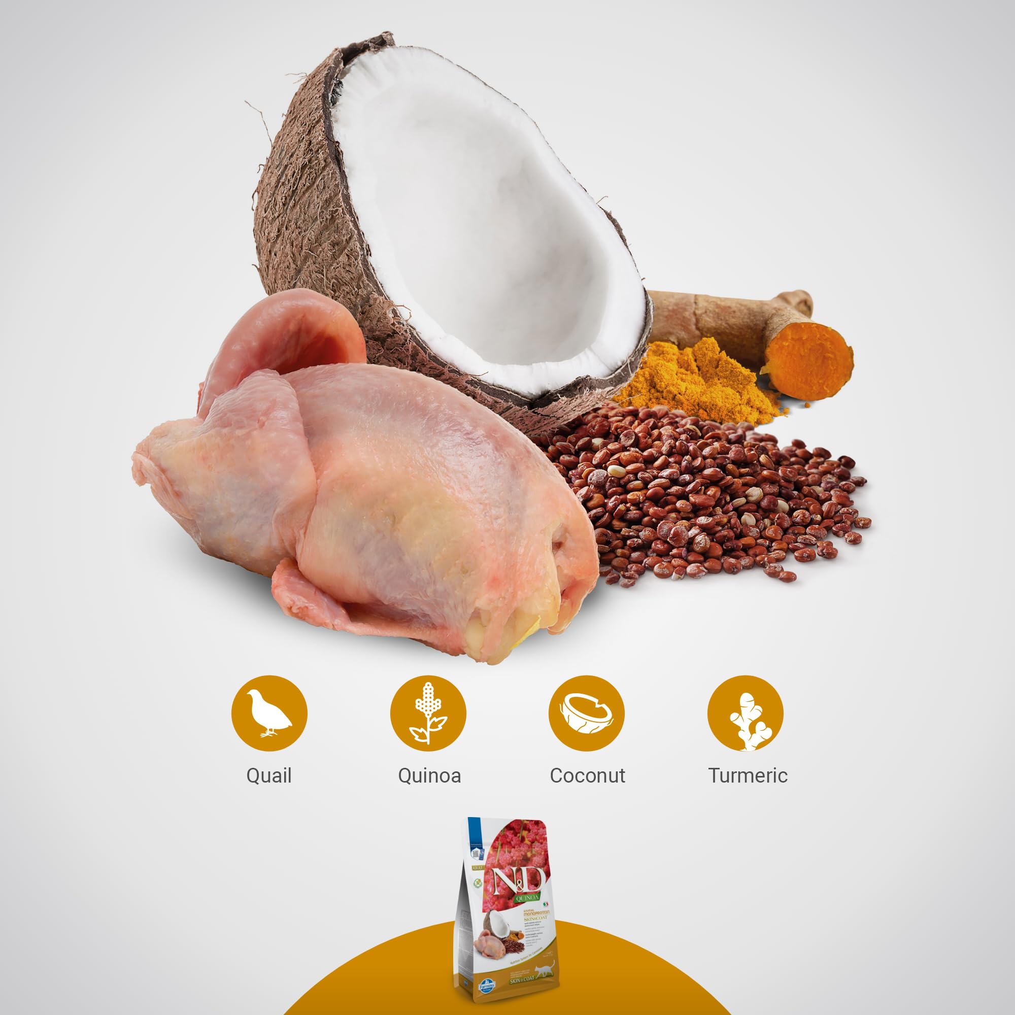 Cat enjoying Farmina Skin & Coat Quail kibble to showcase aroma and crunch.