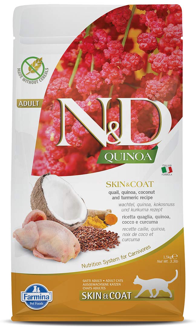 Farmina Skin & Coat Quail kibble in a bowl supports daily cat nutrition.