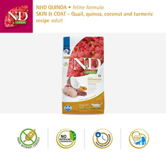 Farmina Skin & Coat Quail packaging emphasizes natural antioxidants and no corn.