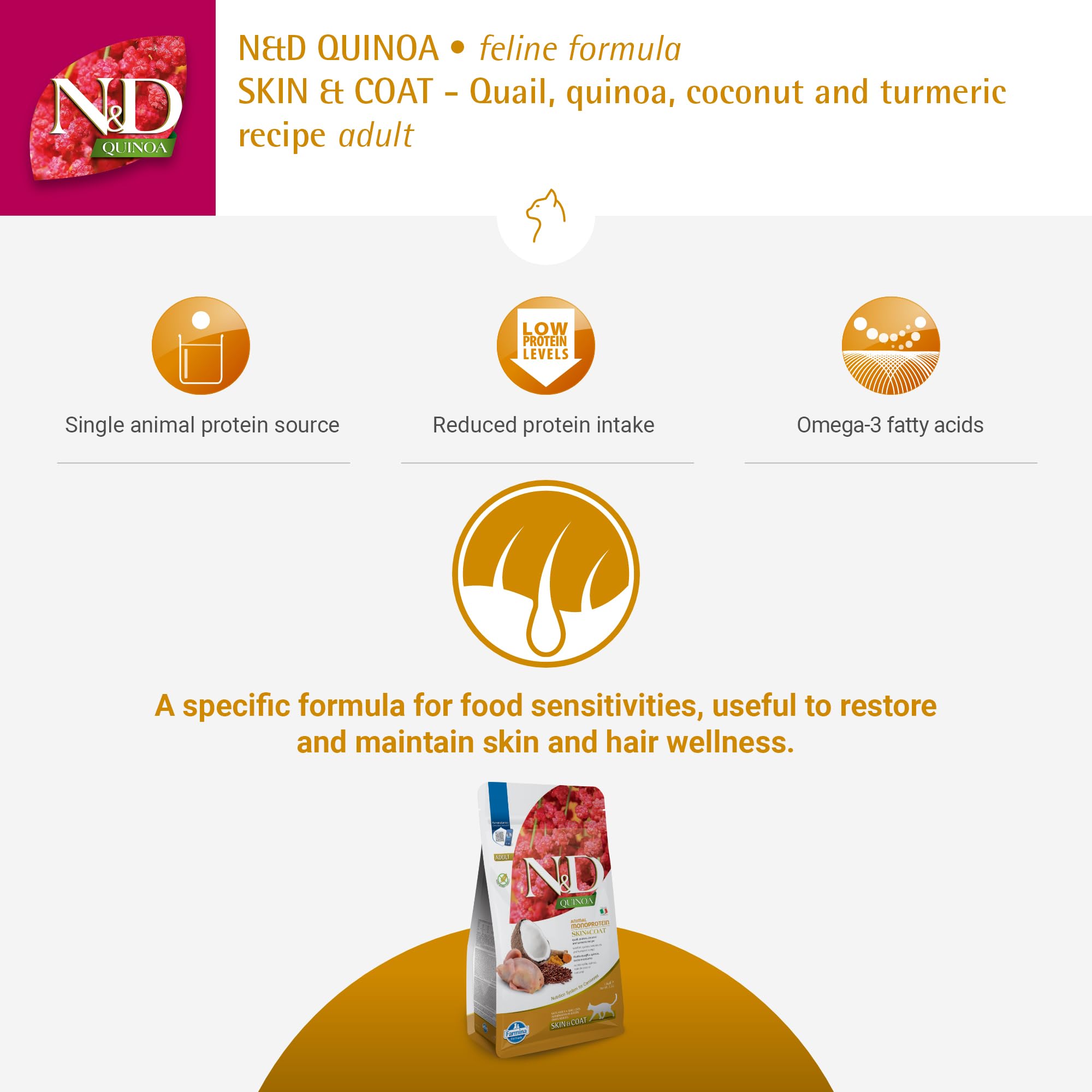 Farmina Skin & Coat kibble with taurine and omega fatty acids for skin benefits.