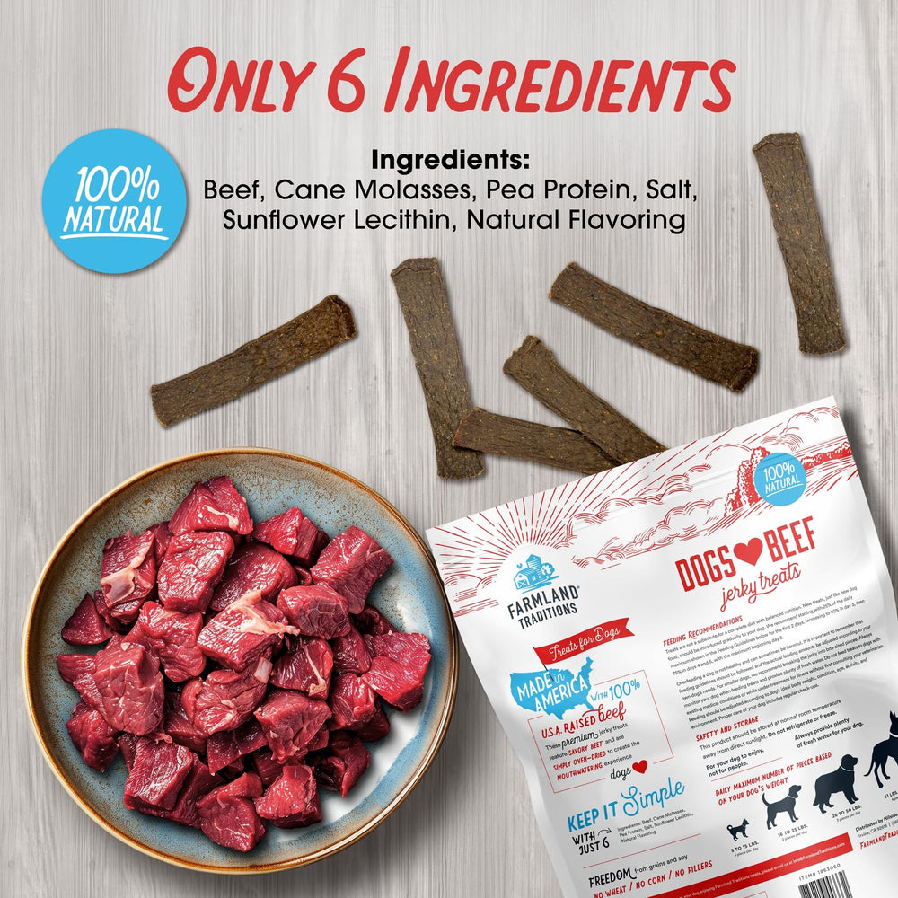 Farmland Traditions beef-jerky-treat-serving shows portion-ready pieces for dogs.