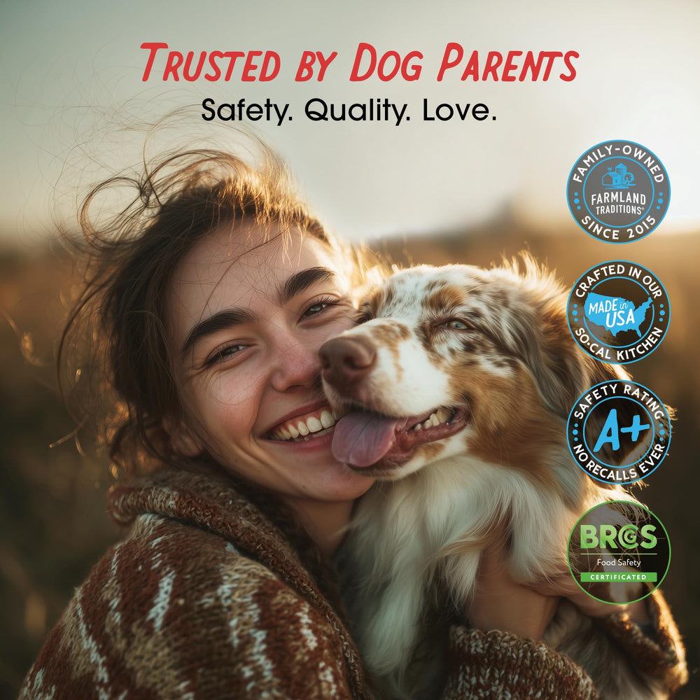 Farmland Traditions owner giving a dog treat illustrates easy portioning for training sessions.