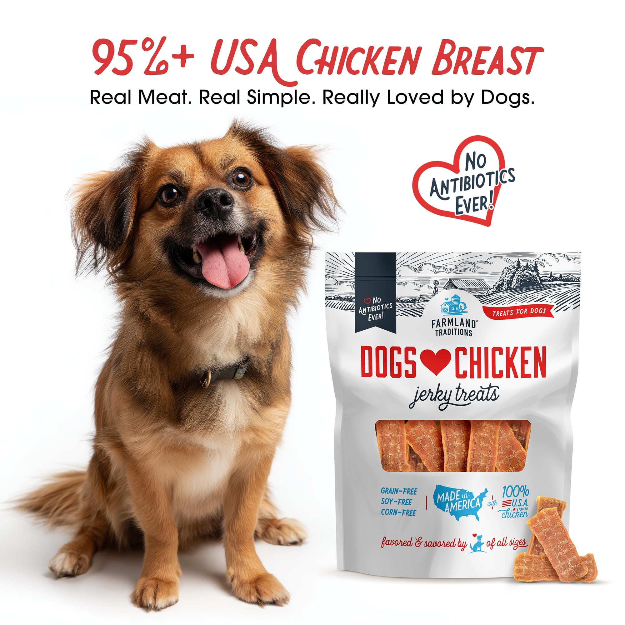 Farmland Traditions Dogs Love Chicken Jerky closeup shows lean, single-ingredient formula