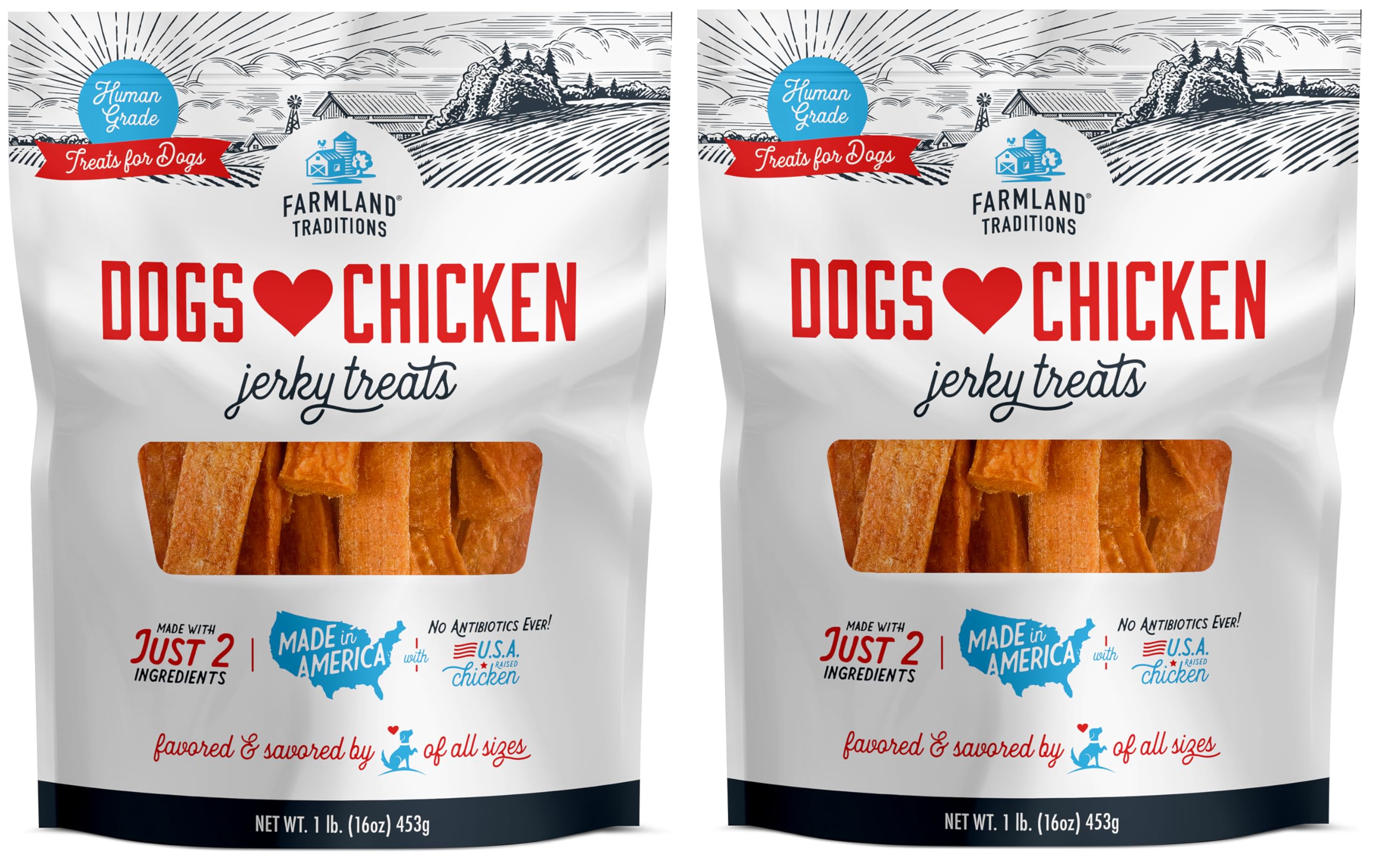 Farmland Traditions chicken jerky pack-1 shows premium protein for dogs during training