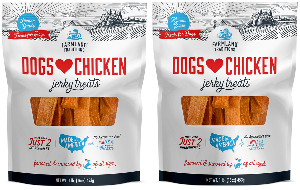 Farmland Traditions chicken jerky pack-1 shows premium protein for dogs during training