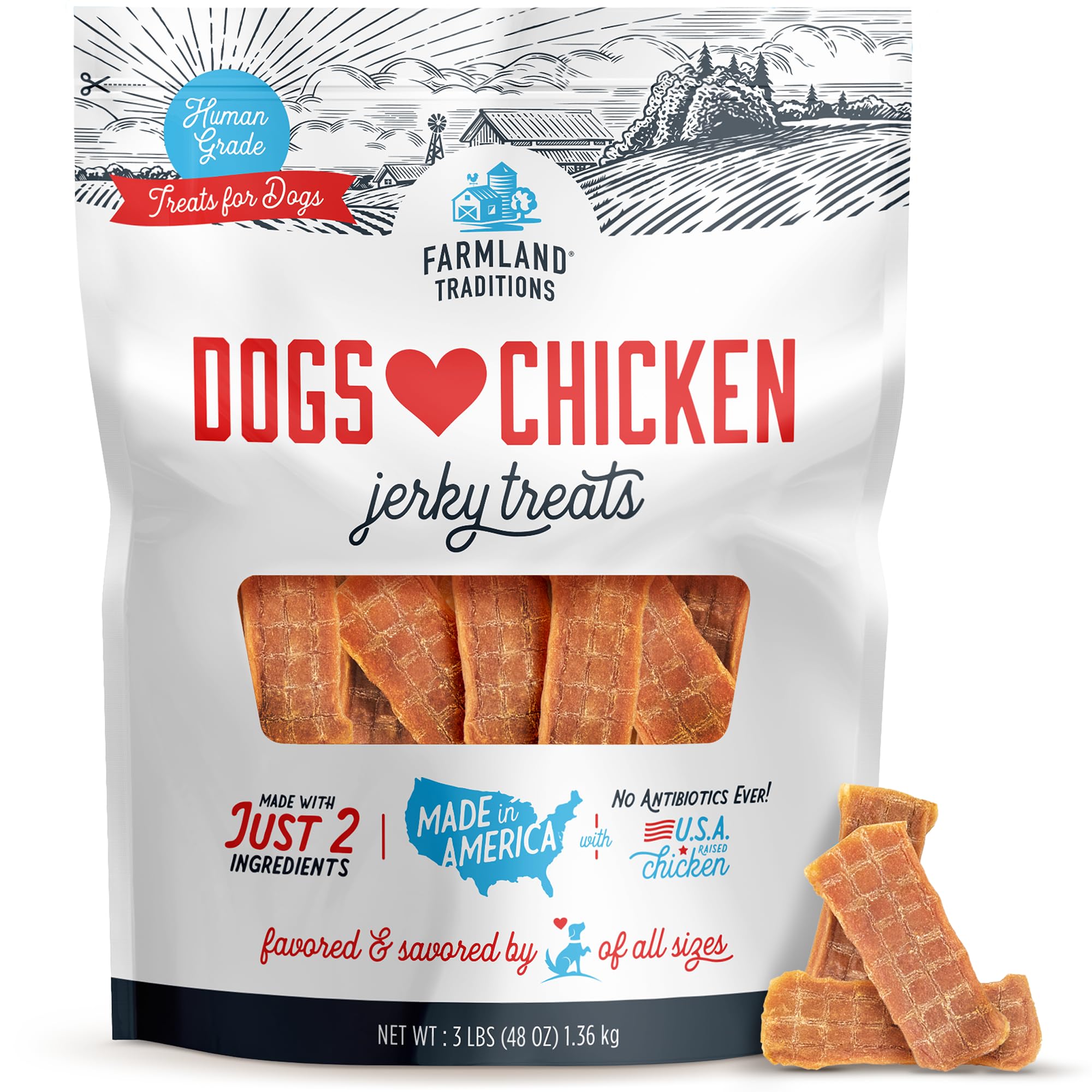 Farmland Traditions Dogs Love Chicken Jerky packaging, premium USA chicken treat for dogs.