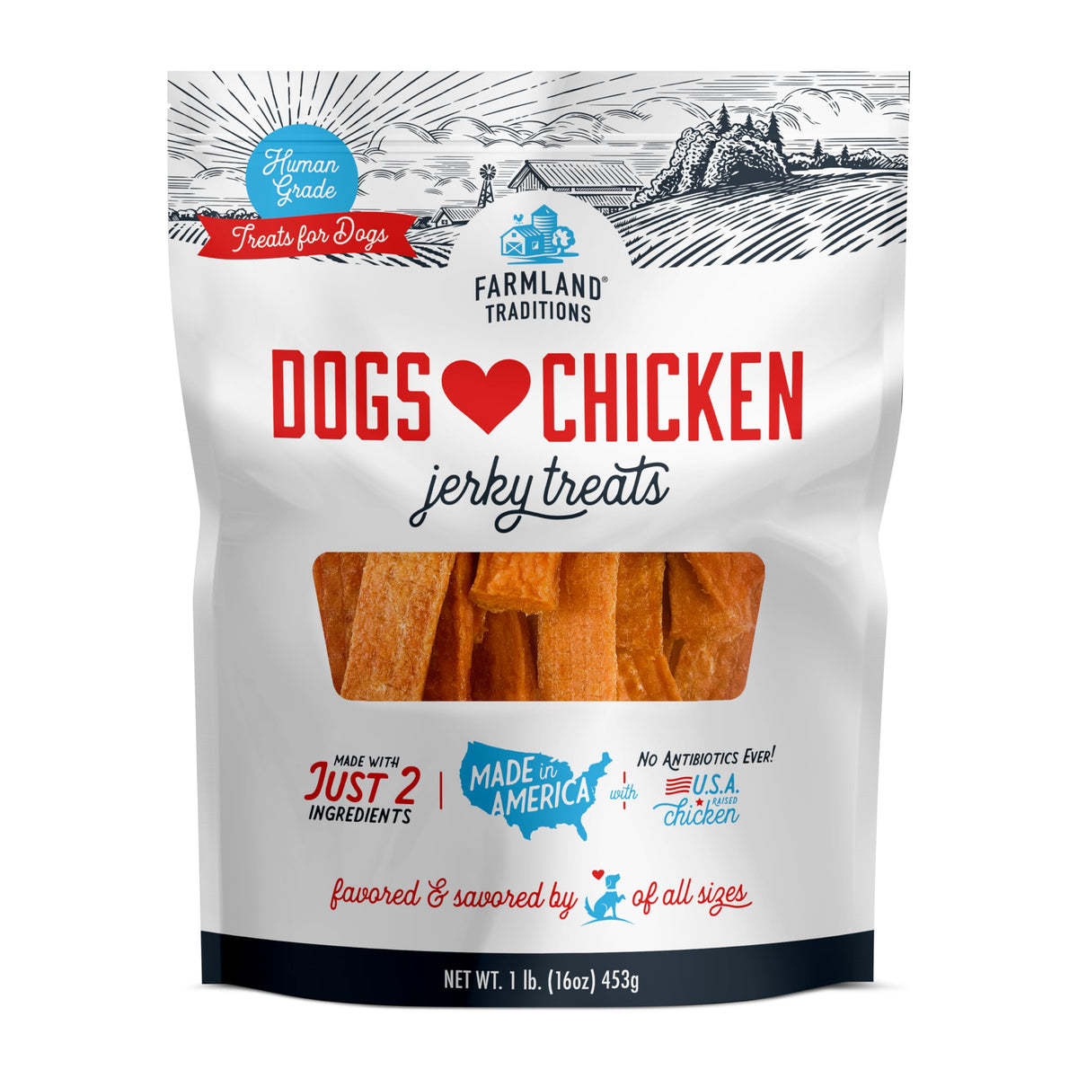 Farmland Traditions Dogs Love Chicken Jerky packaging highlights USA-sourced ingredients for everyday rewards.
