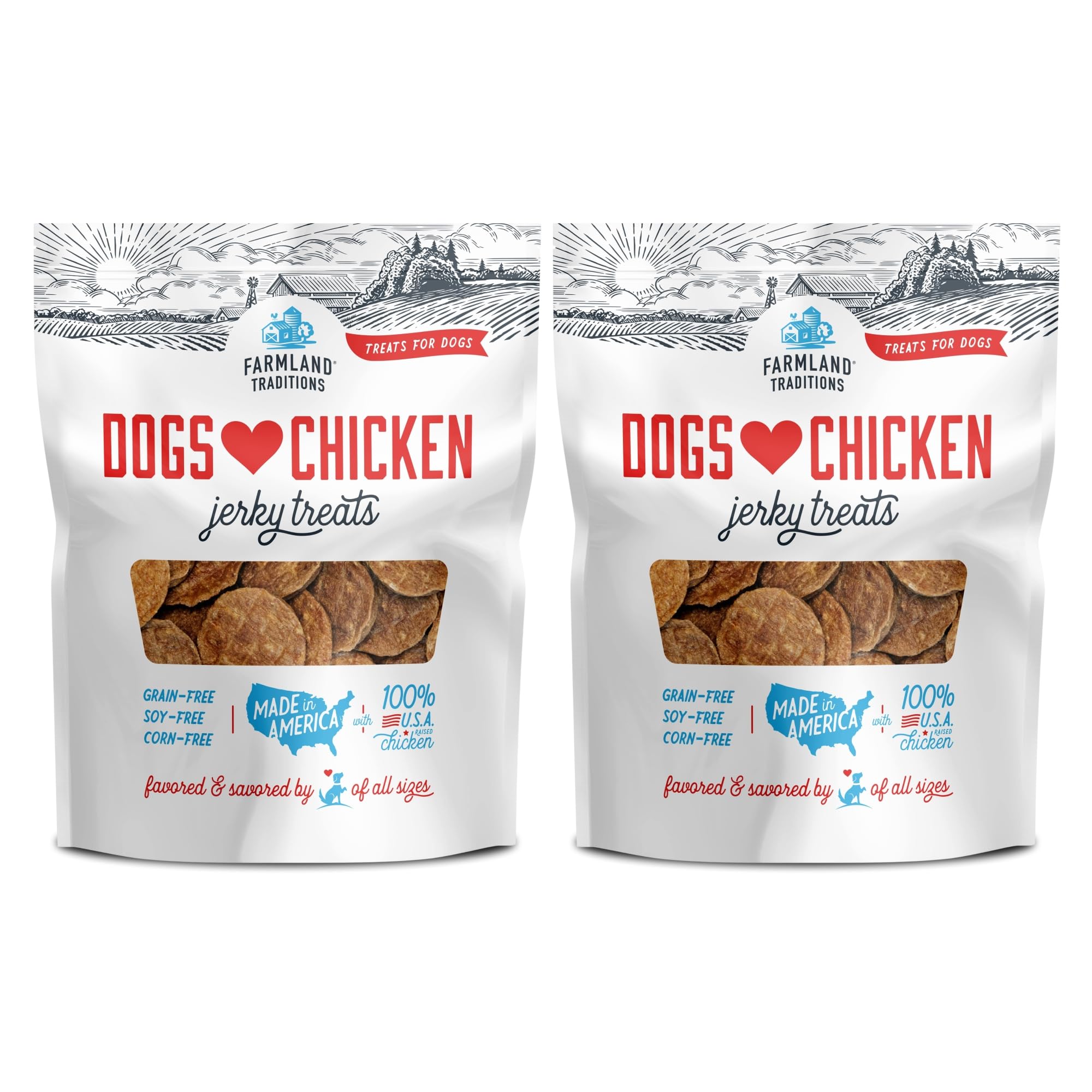 Farmland Traditions Dogs Love Chicken Jerky bag shows 3-ingredient recipe for training rewards