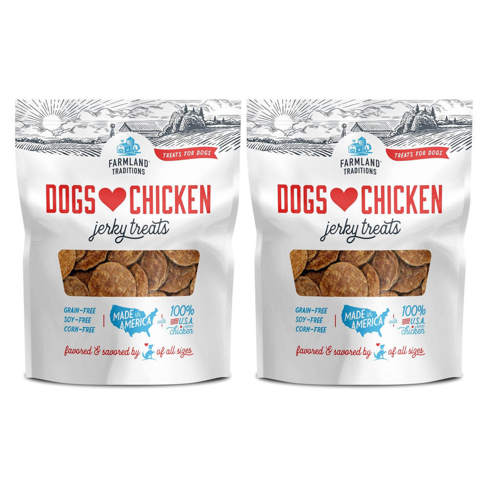 Farmland Traditions Dogs Love Chicken Jerky bag shows 3-ingredient recipe for training rewards