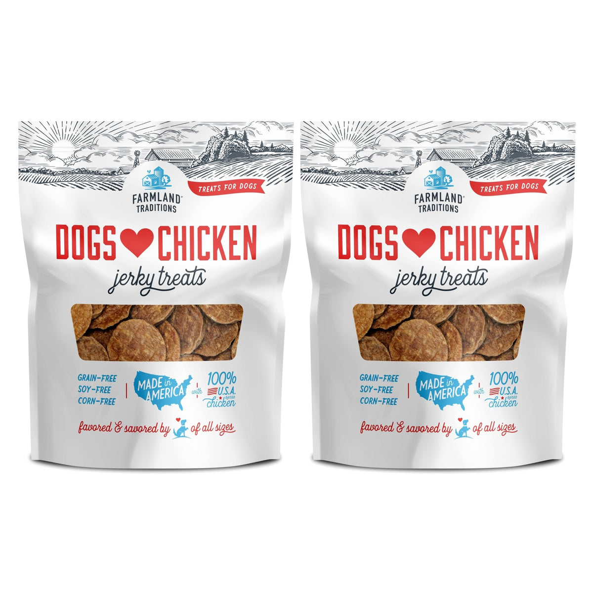 Farmland Traditions Dogs Love Chicken Jerky bag shows 3-ingredient recipe for training rewards