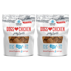 Farmland Traditions Dogs Love Chicken Jerky bag shows 3-ingredient recipe for training rewards
