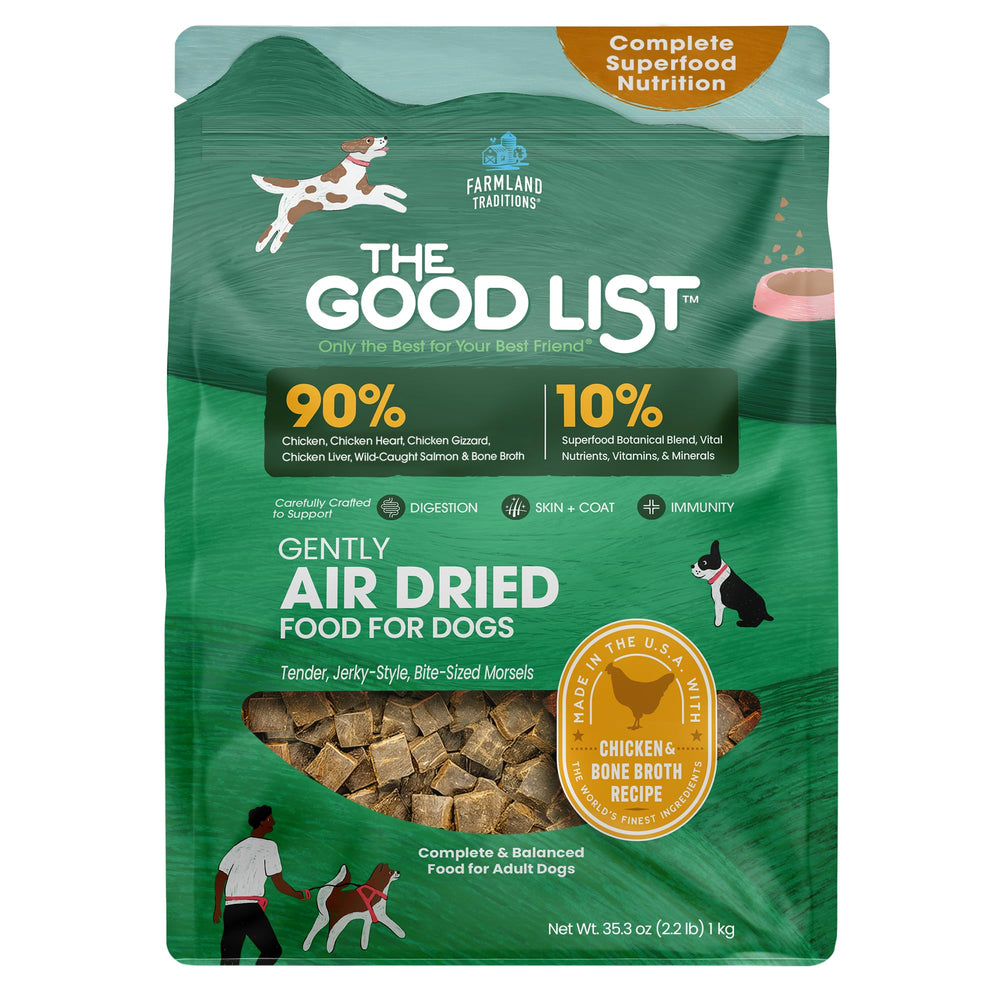 Farmland Traditions The Good List air-dried chicken jerky close-up highlighting protein-rich texture for dogs.