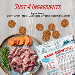 Farmland Traditions sweet-potato close-up showing grain-free formula and natural flavor.