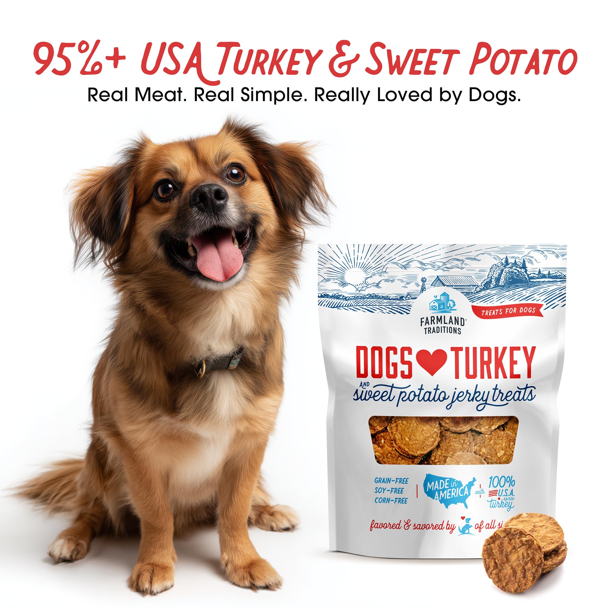 Farmland Traditions turkey jerky close-up highlighting high-protein USA-sourced ingredients.