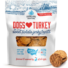 Farmland Traditions turkey-sweet-potato jerky bag, premium filler-free treats ideal for training rewards.