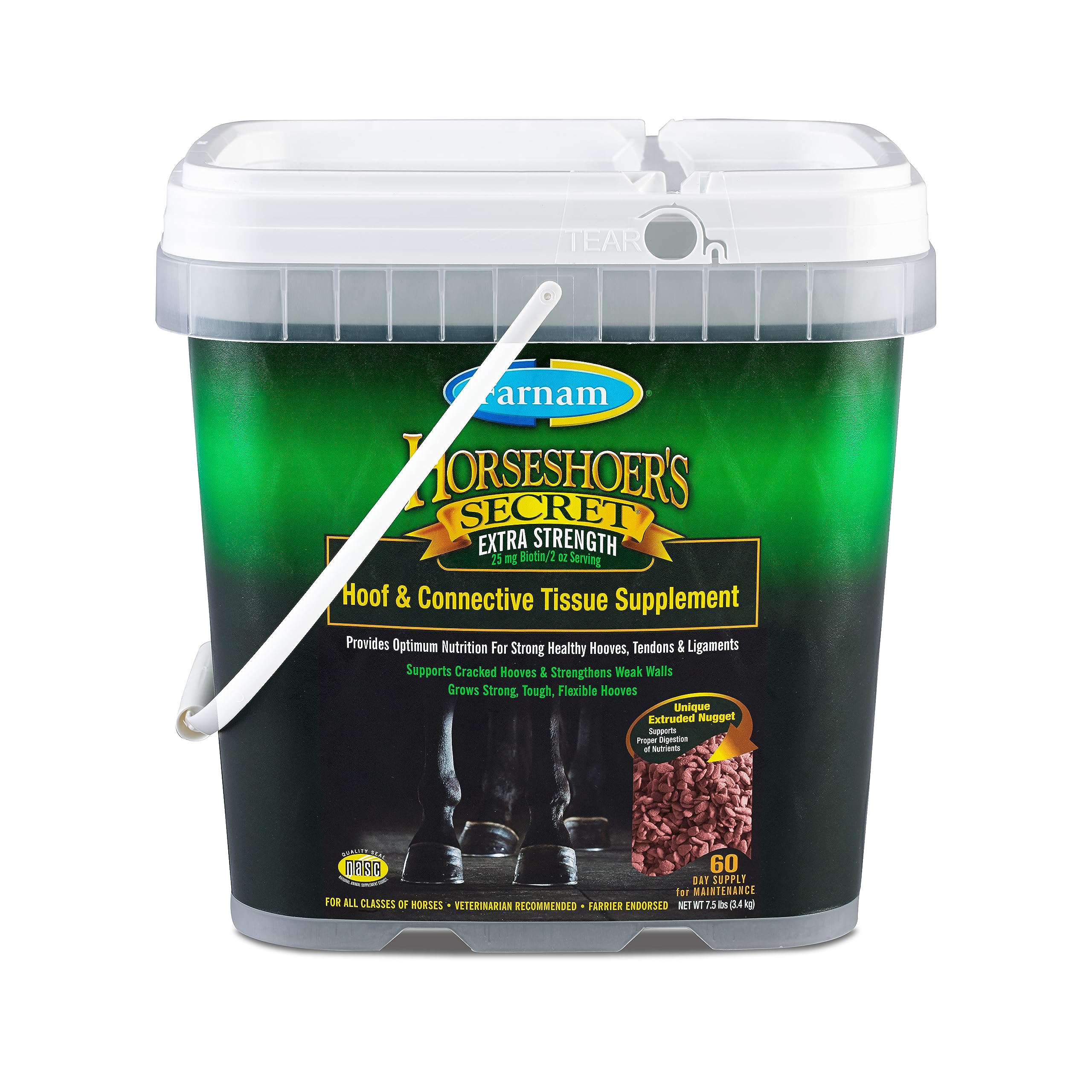 Farnam Horseshoer's Secret Extra Strength bottle—promotes hoof health and resilience.