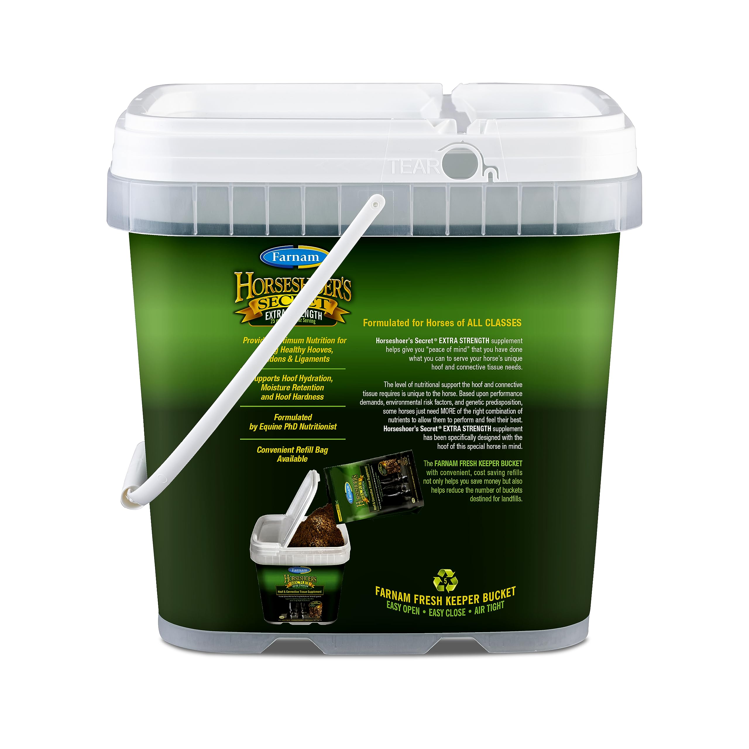 Farnam Horseshoer's Secret Extra Strength ingredient panel—biotin and fatty acids for hoof health fundamentals.