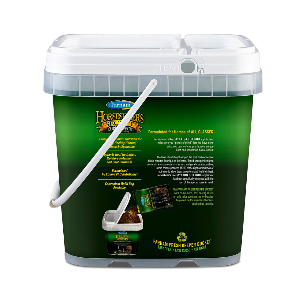 Farnam Horseshoer's Secret Extra Strength ingredient panel—biotin and fatty acids for hoof health fundamentals.