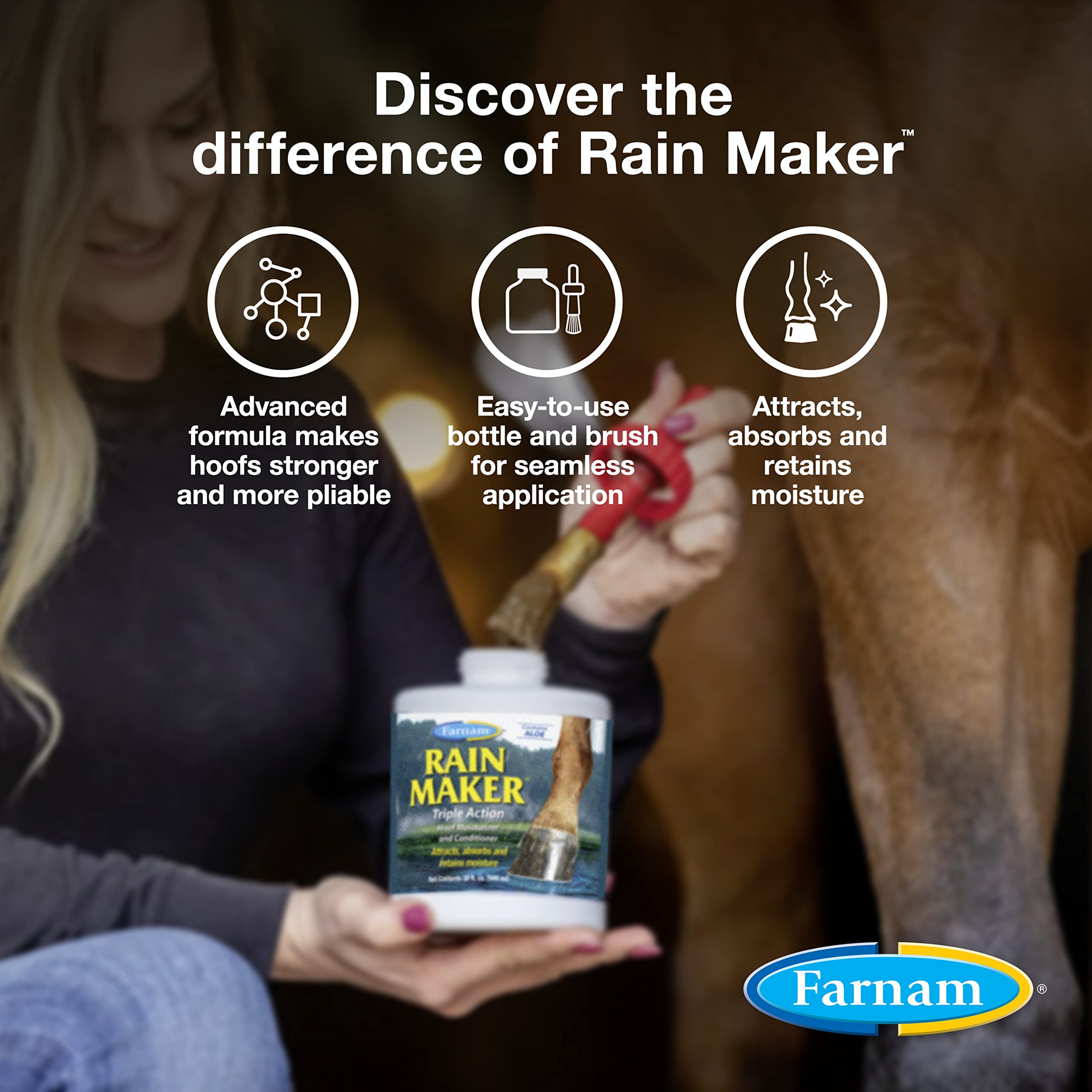 Farnam Rain Maker hoof oil bottle and brush demonstrating even moisture absorption on hooves.