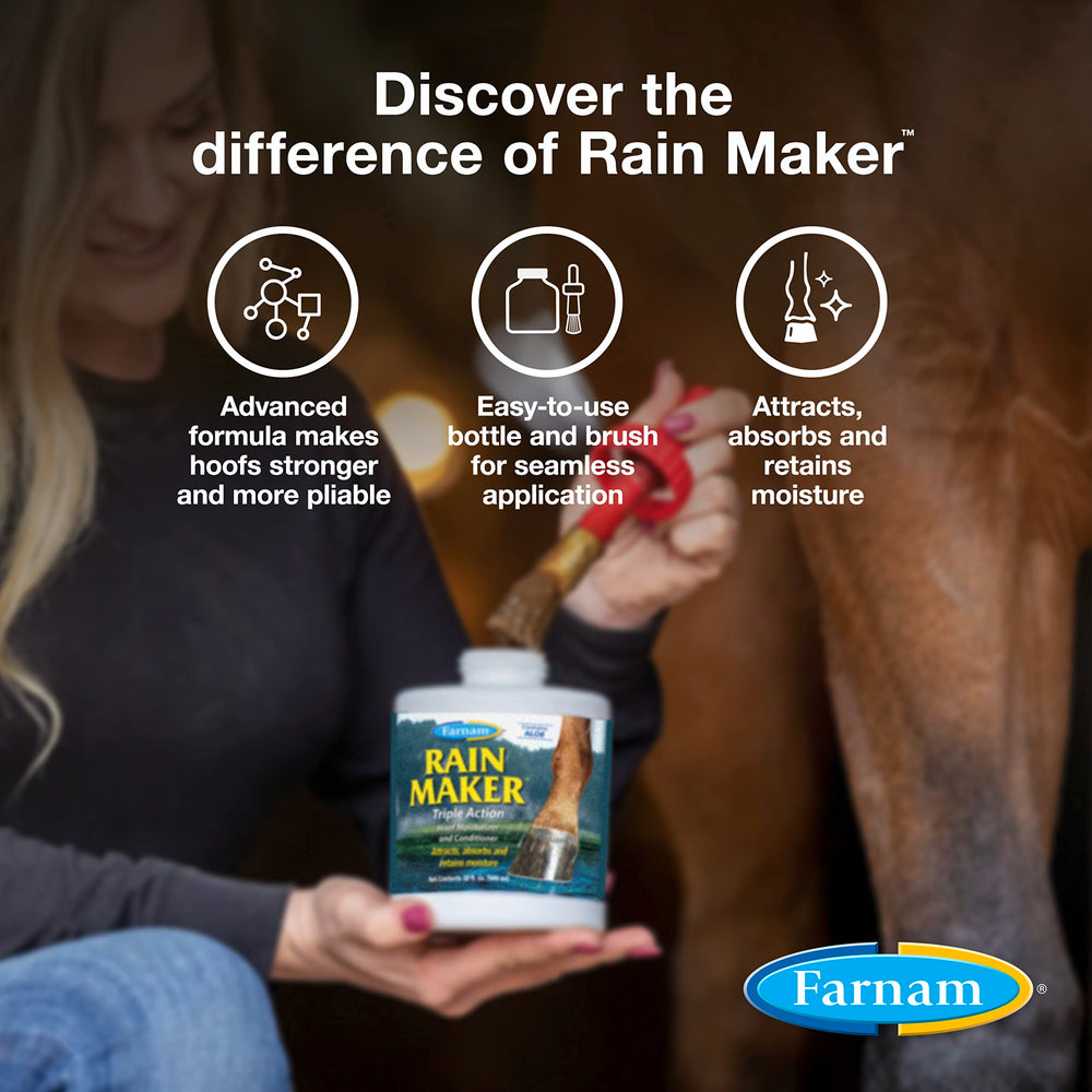 Farnam Rain Maker hoof oil bottle and brush demonstrating even moisture absorption on hooves.
