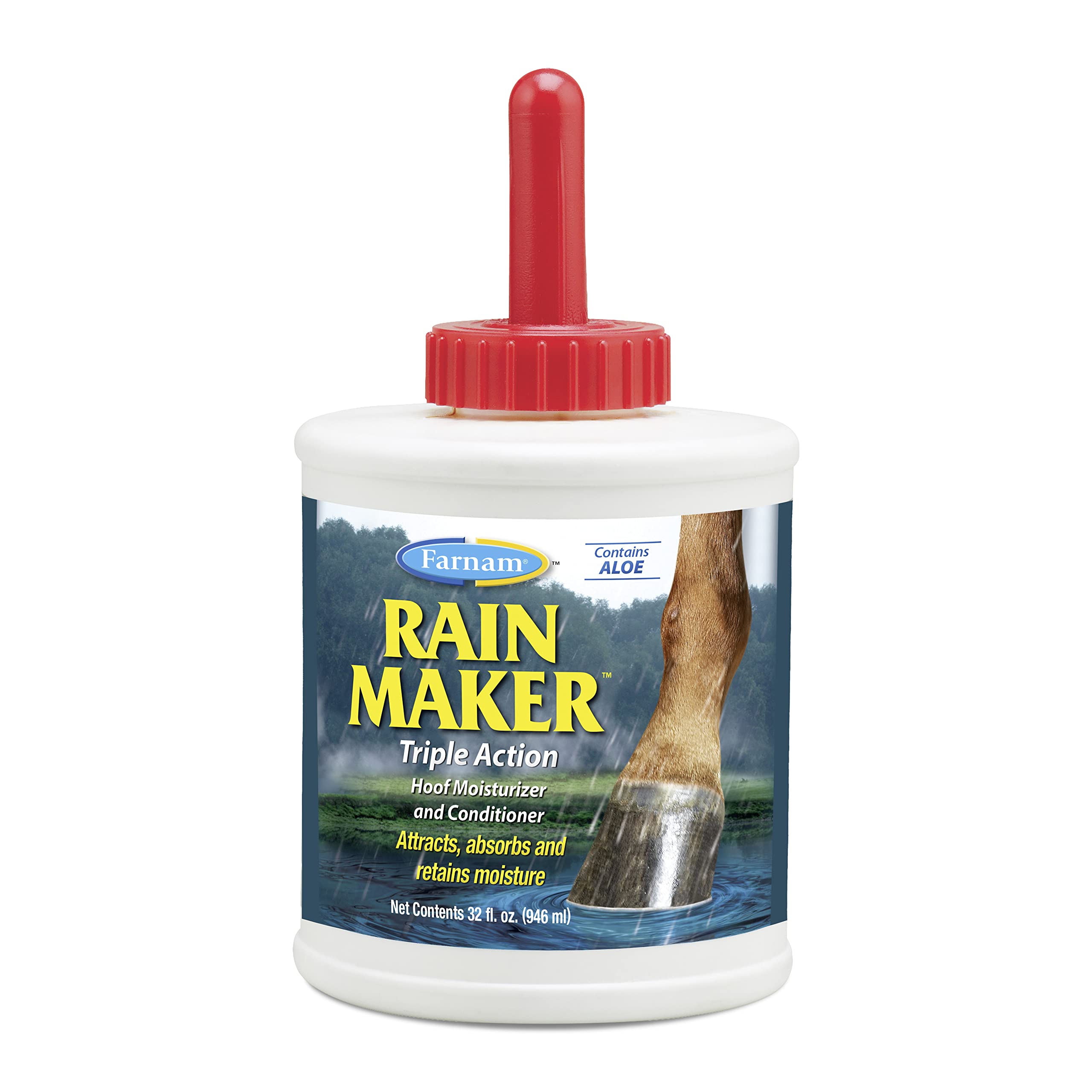 Farnam Rain Maker hoof oil bottle for even moisture distribution on hooves.