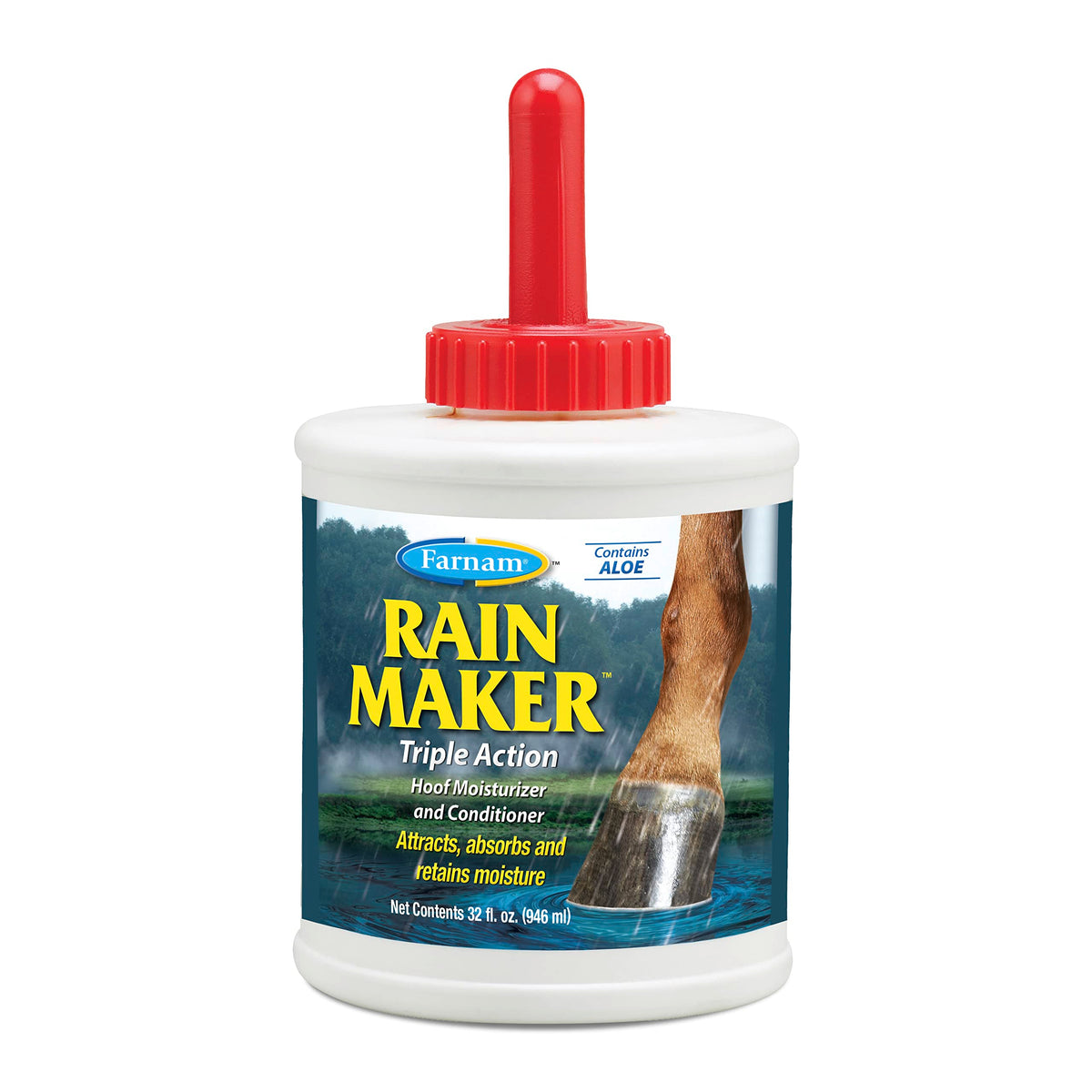 Farnam Rain Maker hoof oil bottle for even moisture distribution on hooves.