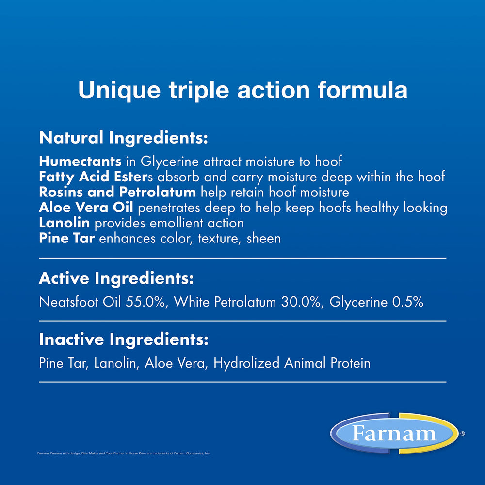 Farnam Rain Maker penetrates to improve texture and elasticity for flexible hooves.