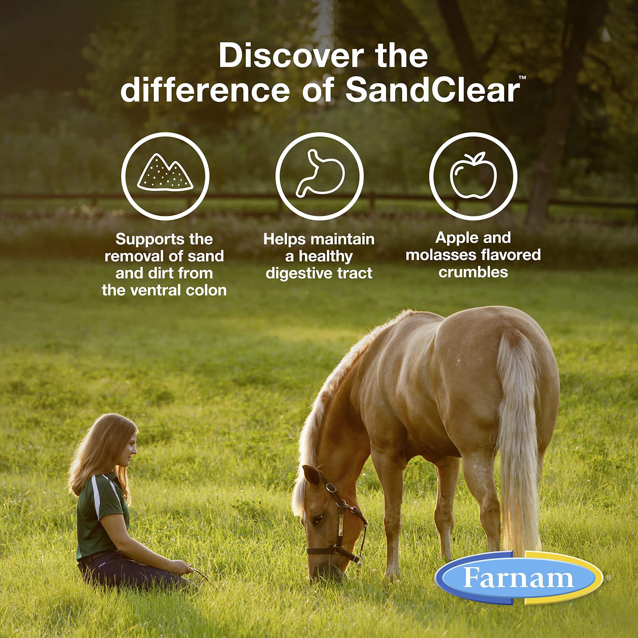 Farnam SandClear apple flavor crumbles shown for horse palatability.