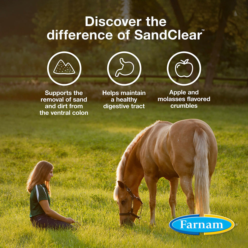 Farnam SandClear apple flavor crumbles shown for horse palatability.
