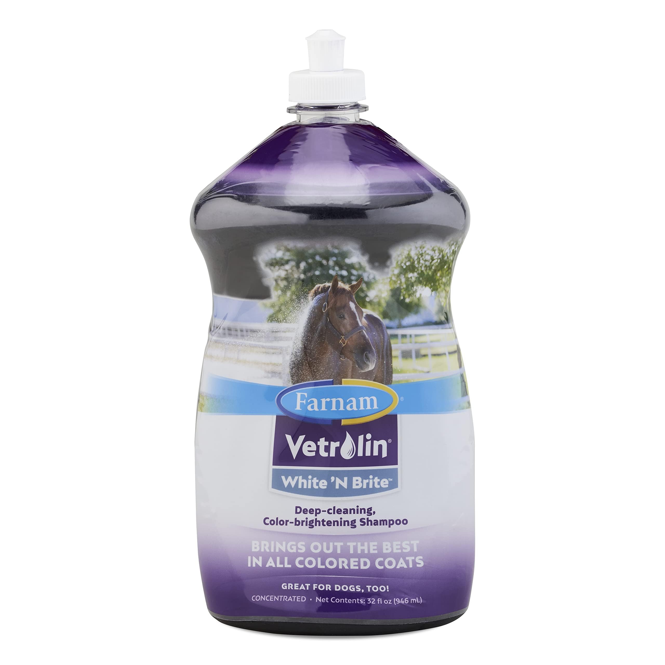 Farnam Vetrolin White N Brite shampoo bottle delivers bright coat and glossy finish.