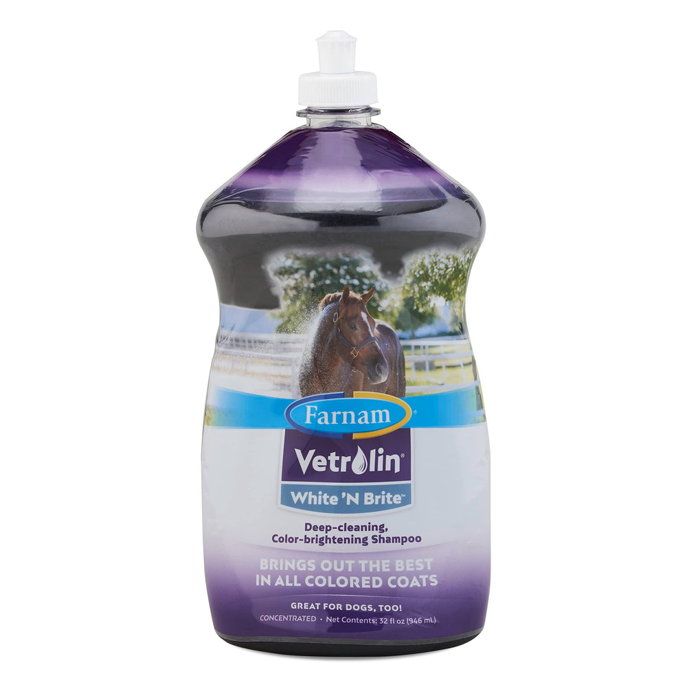 Farnam Vetrolin White N Brite shampoo bottle delivers bright coat and glossy finish.