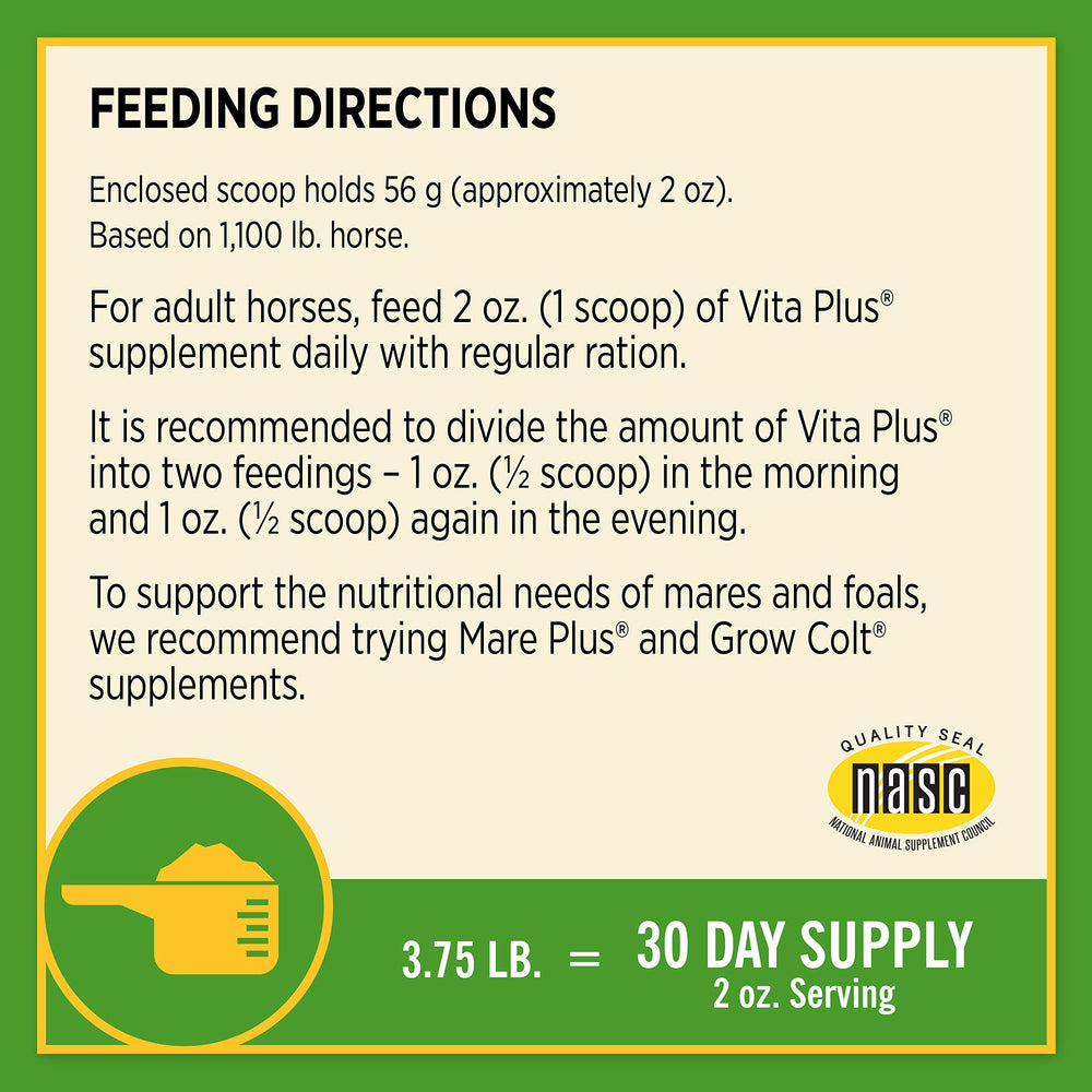 Farnam Vita Plus senior-horse-nutrition illustrates suitability for older horses.