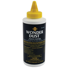 Farnam Wonder Dust Wound Powder bottle demonstrating fast drying and odor control for horse wounds