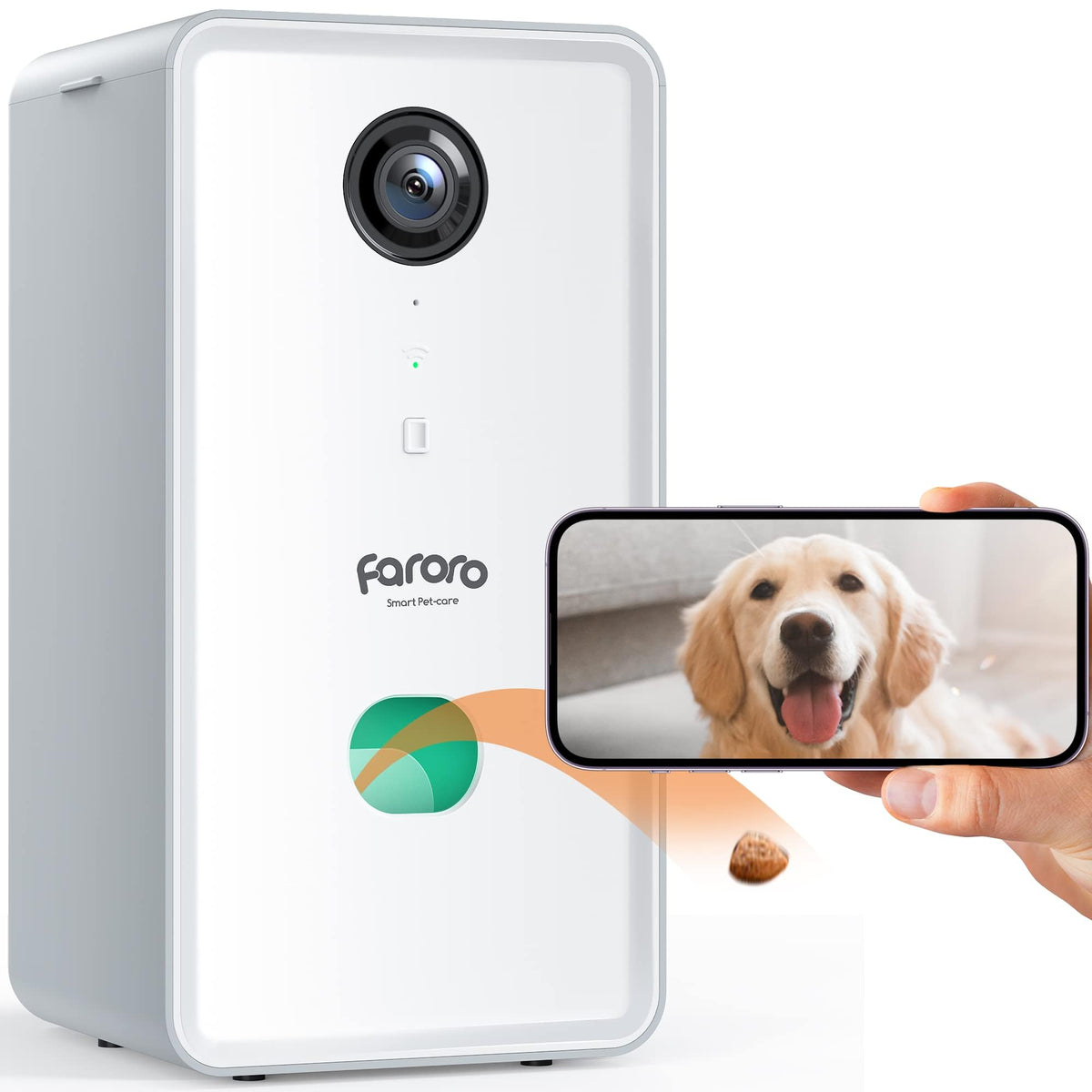 faroro dog camera treat-dispense front view enables remote feeding and monitoring