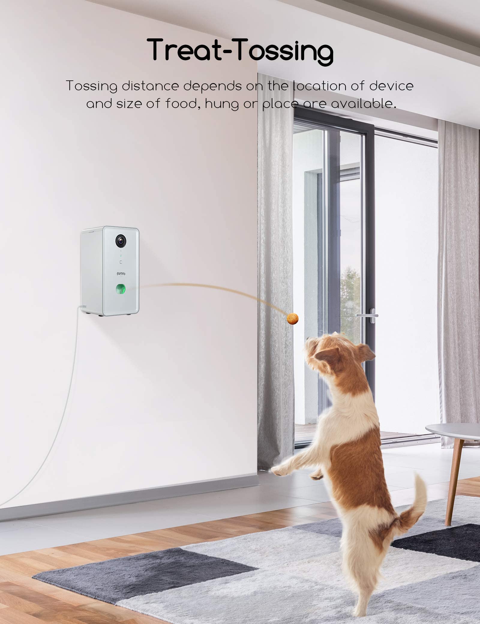 faroro dog camera treat-dispense top view shows compact placement options