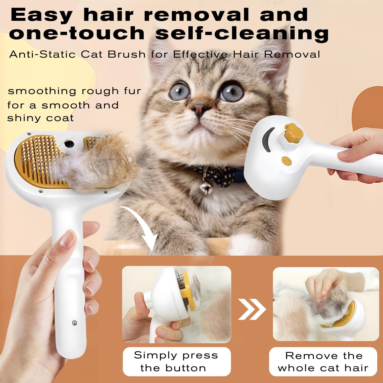 FASHIONARI Pet Steam Brush spray feature illustration highlights uniform mist and reduced static.