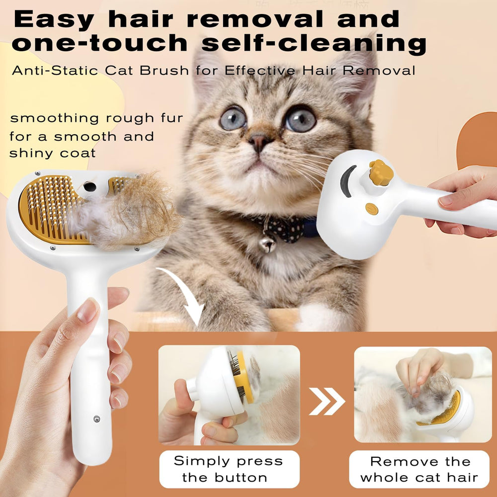 FASHIONARI Pet Steam Brush spray feature illustration highlights uniform mist and reduced static.