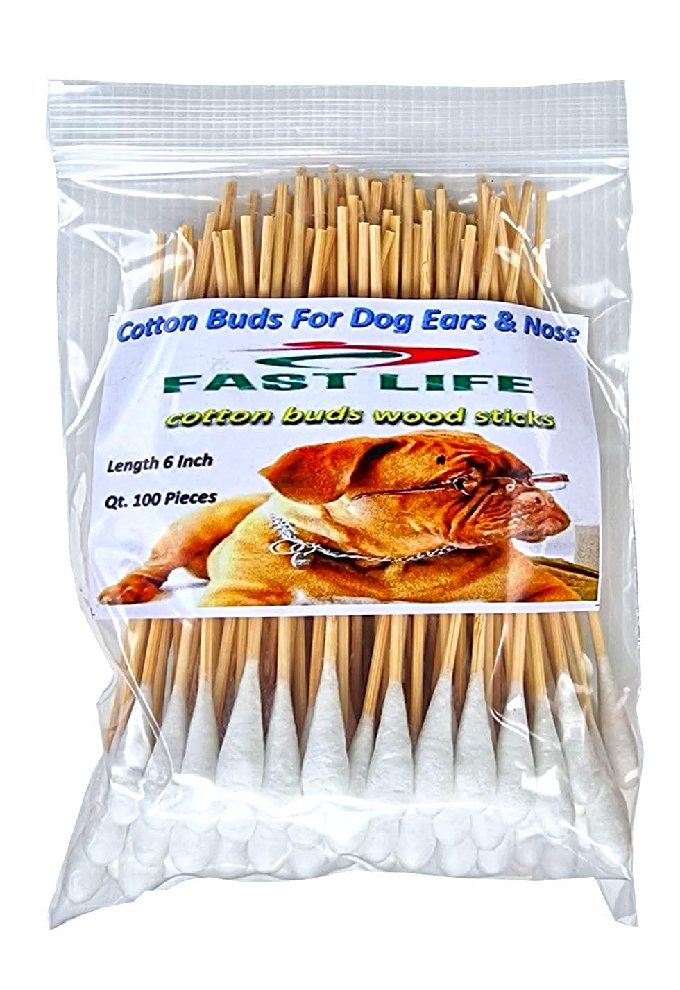 Fast Life cotton buds for dogs with wood shaft and cotton head for gentle eye cleaning.